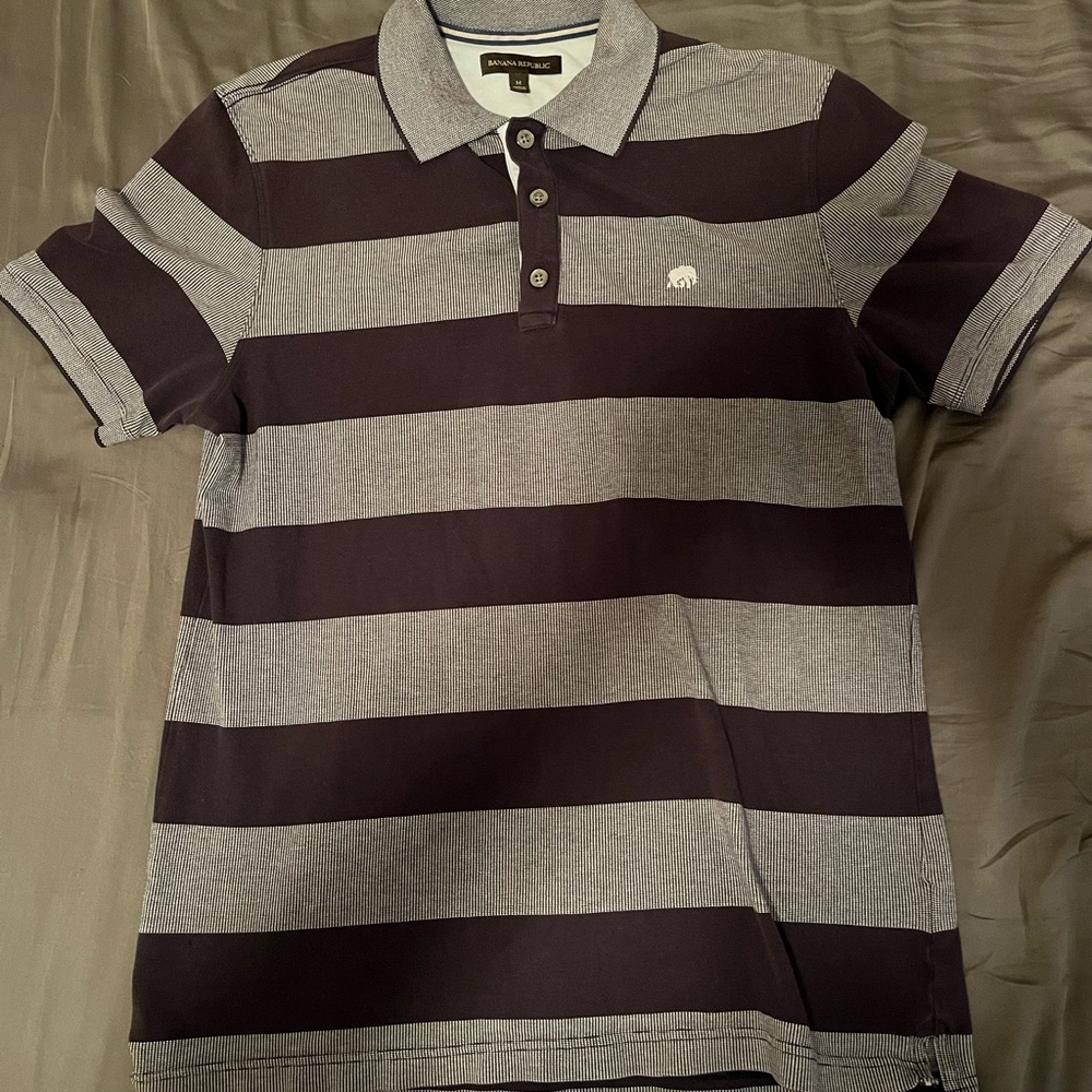 Banana Republic Men's Black and Gray Striped Polo Shirt
